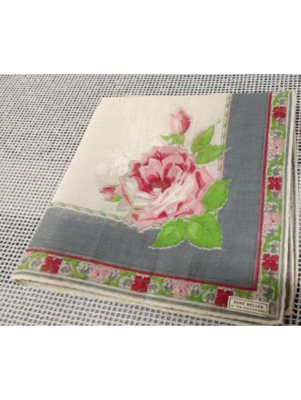 1950s Cotton Roses Hankie Burgundy Red Rose Handkerchief HAND ROLLED PHILIPPINES